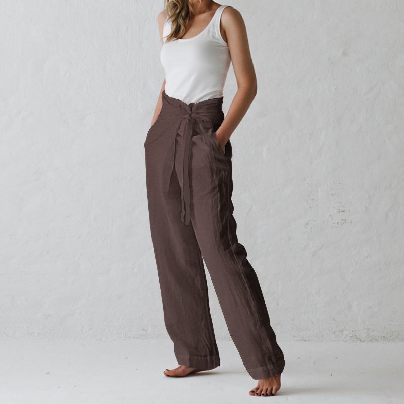 Women linen Solid high waist Pants 7