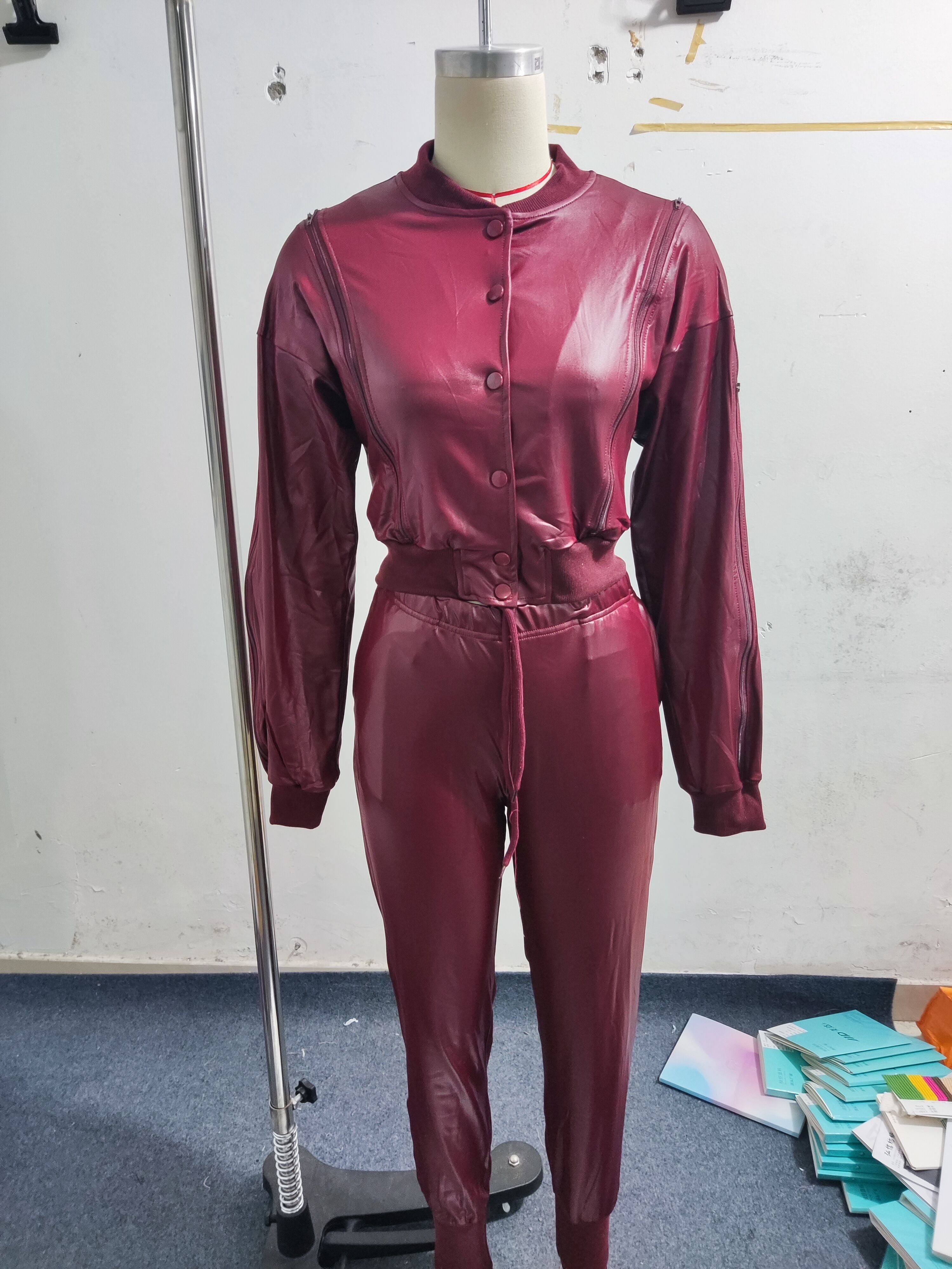 Women's Autumn Winter Pu Leather Zipper Jacket Pants Two-Piece Set 12