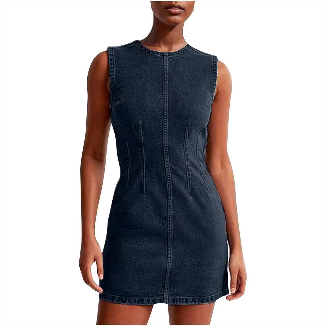 Women Fashion Summer Round Neck Sleeveless Bodycon Denim Dress 5