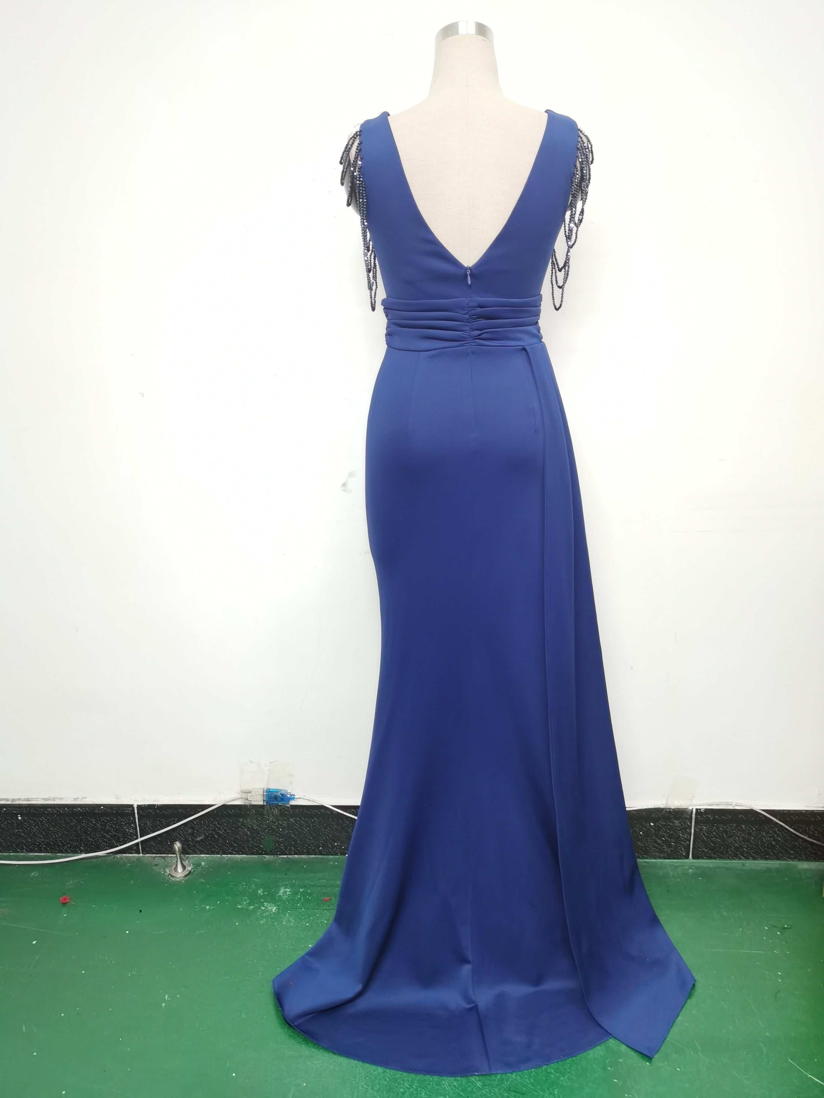 Women Satin Pleated Beaded Evening Dress 33