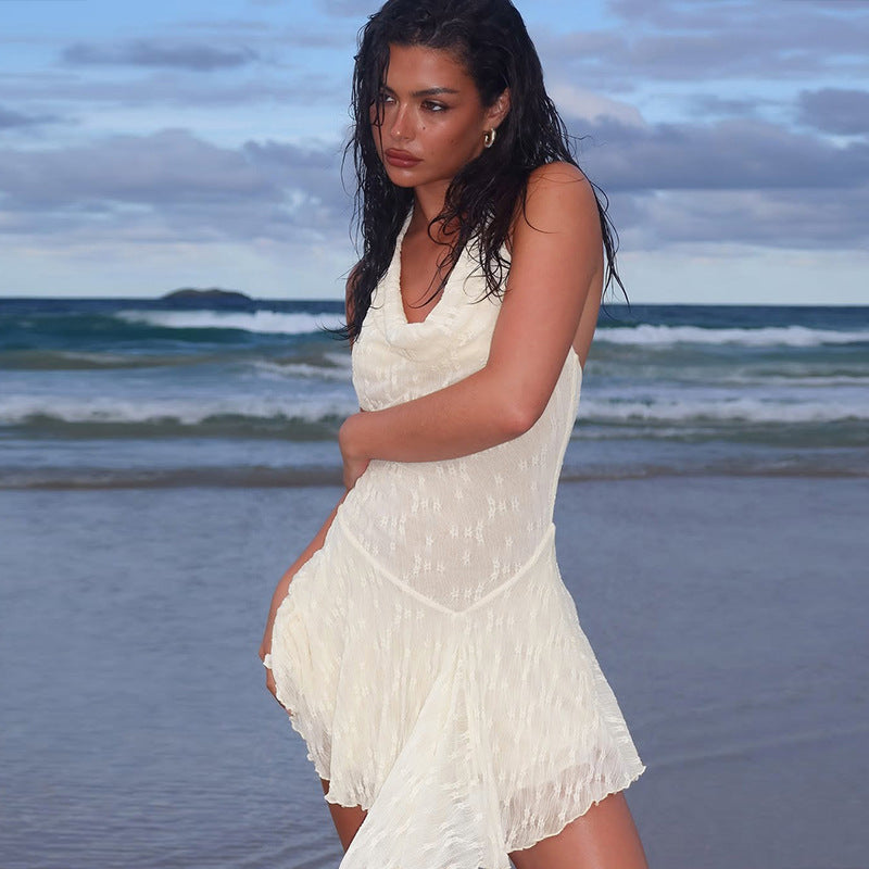 Women sexy halter neck lace patchwork Dress 5