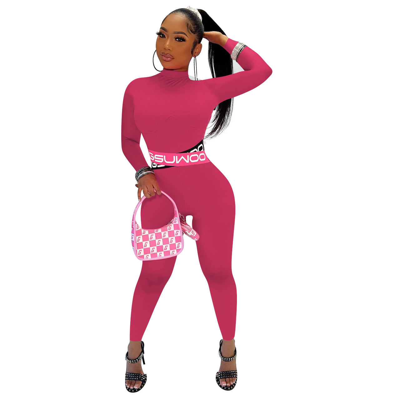 Women Sexy Letter Print Solid Color Long Sleeve Jumpsuit 6