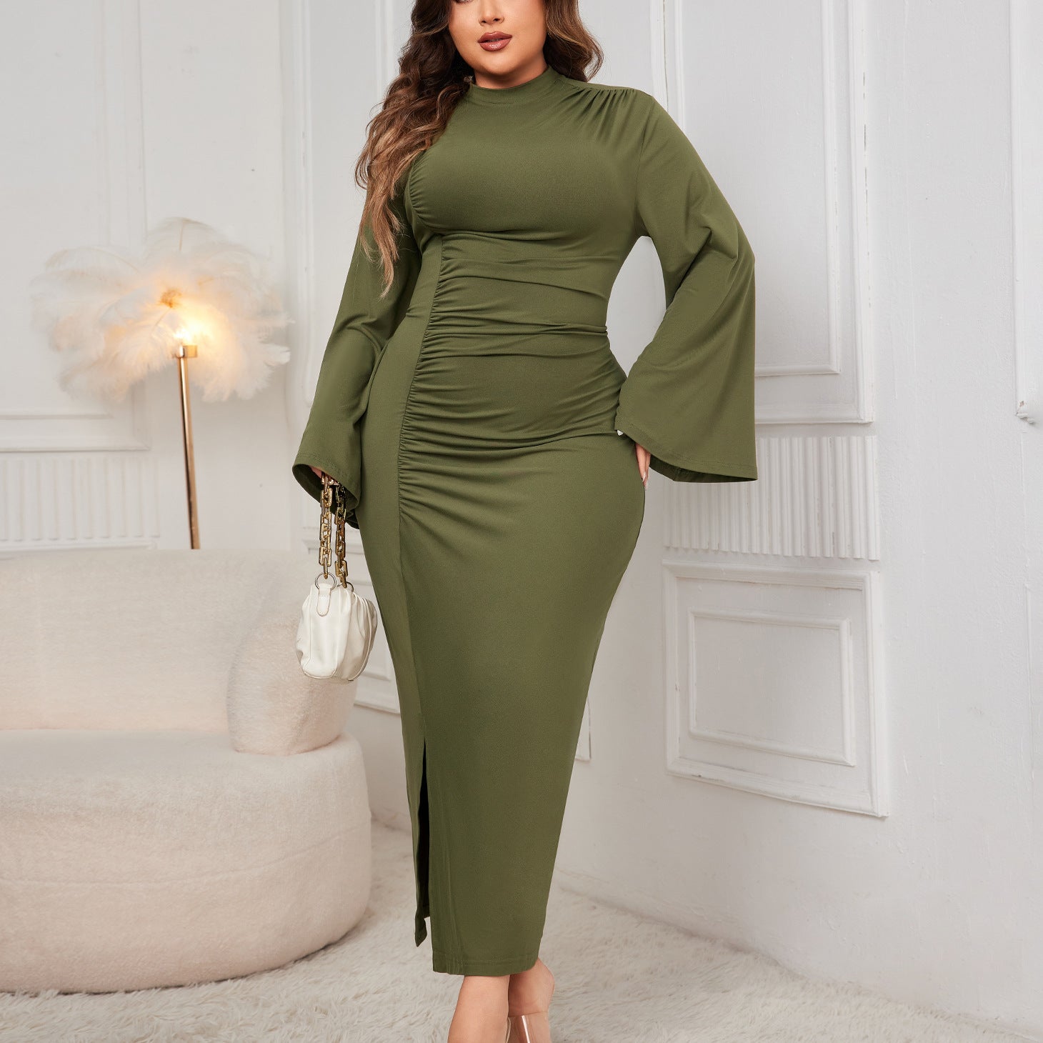Plus Size Women Solid Turtleneck Slit Dress 4