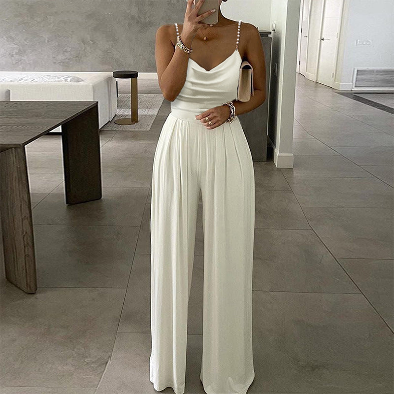 Sexy V-Neck Low Back Pearl Straps Wide Leg Sleeveless Wide Leg Trousers Jumpsuit 4