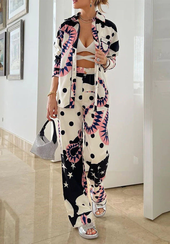 Plus Size Women Long Sleeve Shirt and High Waist Wide Leg Pants Two-Piece Set