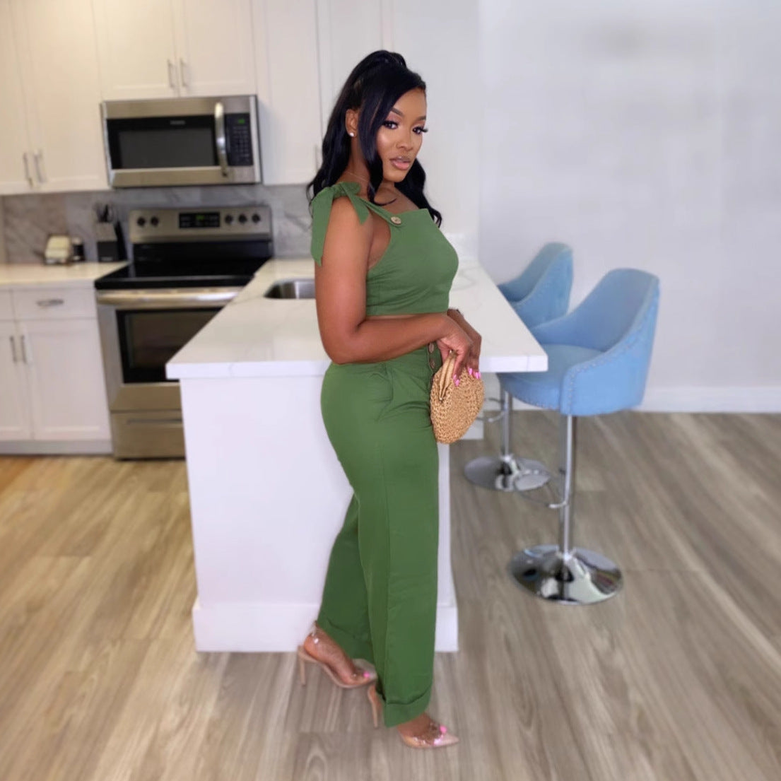 Elegant Career Strap Wide-Leg Two-Piece Pants Set 4