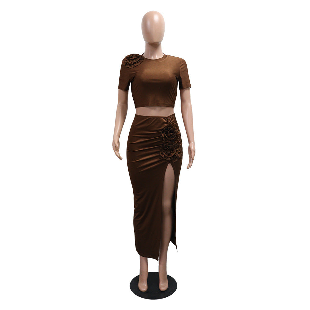 Women's Fashionable Round-Neck Short-Sleeve Top & Slit Pleated Maxi Skirt Two-Piece Set 11