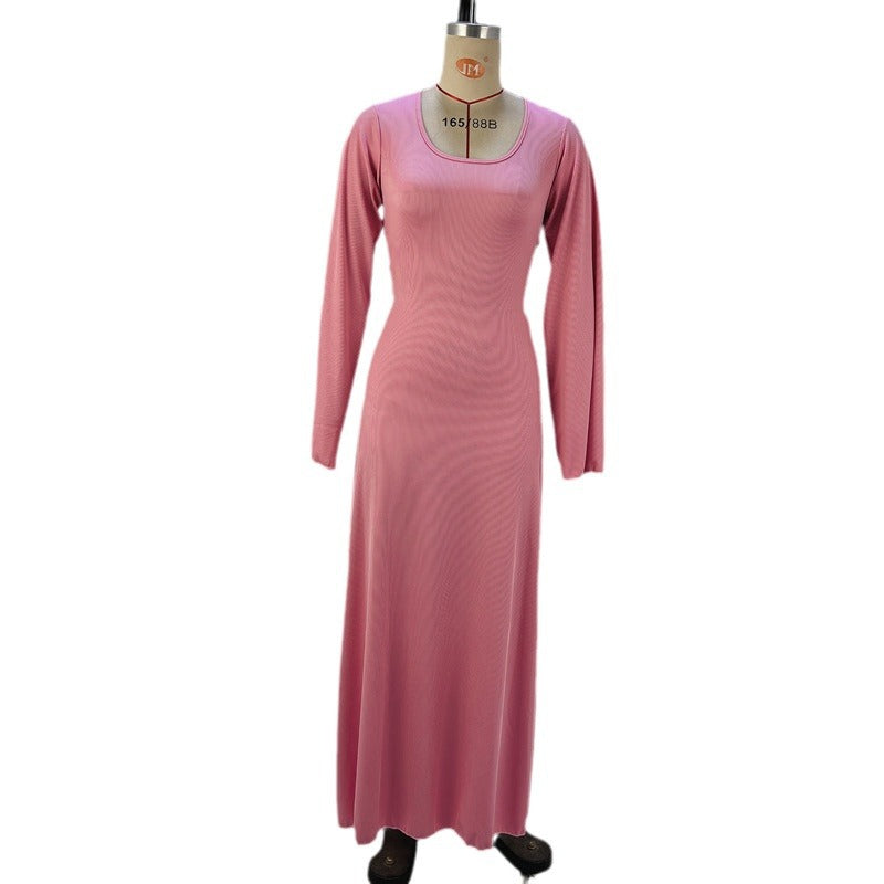 Women Autumn Loose U-neck Lace-up Long Sleeve Dress 11