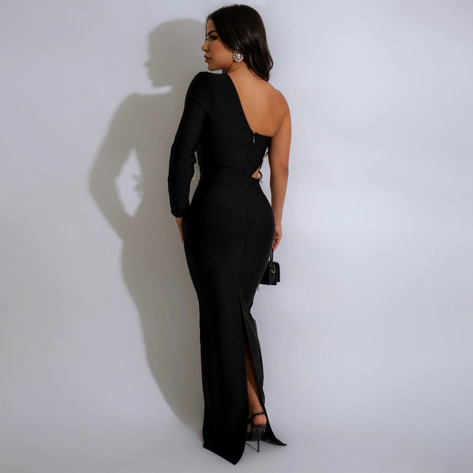 Women One-shoulder Long-sleeved Sexy Flower Beaded Dress