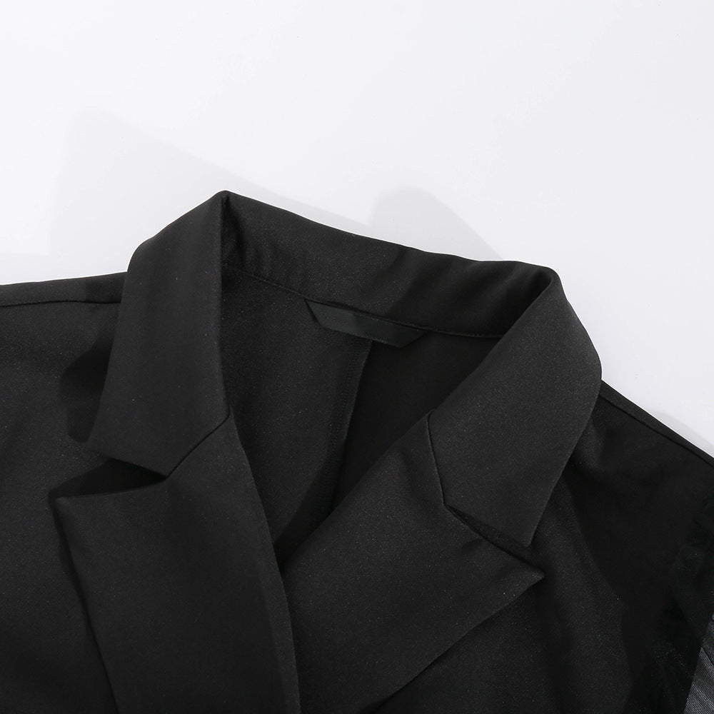 Spring Sexy See-Through Mesh Long Sleeve Double Breasted Slim Waist Chic Women Blazer Dress 48