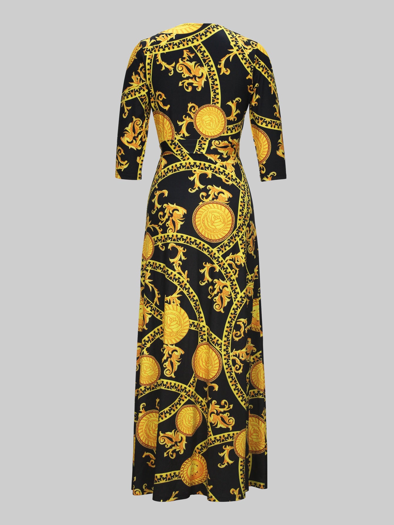 Spring & Autumn Women's Fashion Elegant Wrap V-Neck Half-Sleeve Print Belt Maxi Dress 93