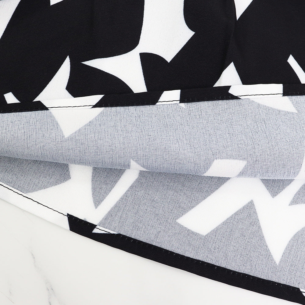 Chic Elegant Dress V-Neck Slim Waist Belt Black And White Printed Mid-Length Dress 12