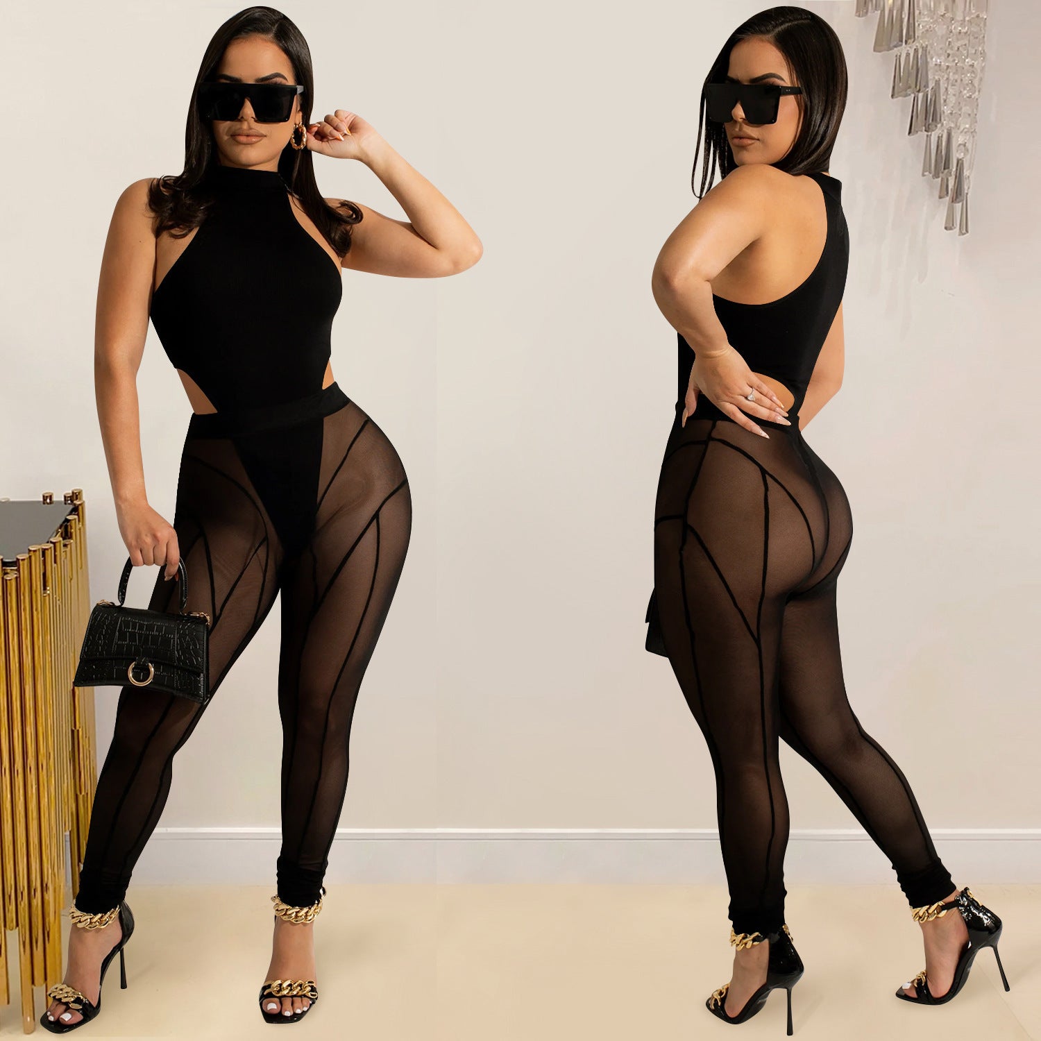 Women sexy Mesh See-Through Top and trousers Two Piece Set 6