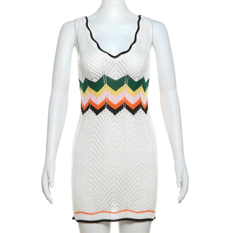 Summer Fashion Contrast Color Sexy Low-Cut Slim Sleeveless Knitting Bodycon Dress 5