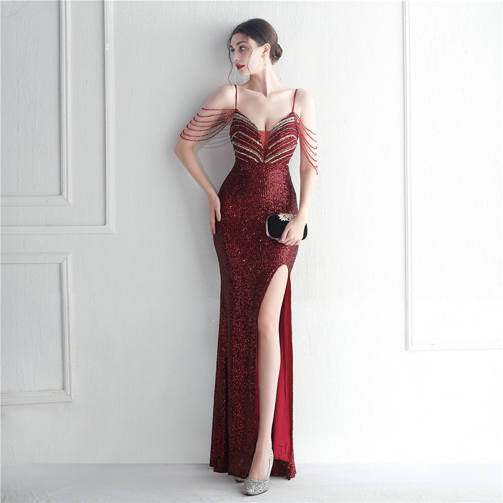 Fashion Red Carpet Formal Bead Chain Sling Long Evening Gown 8