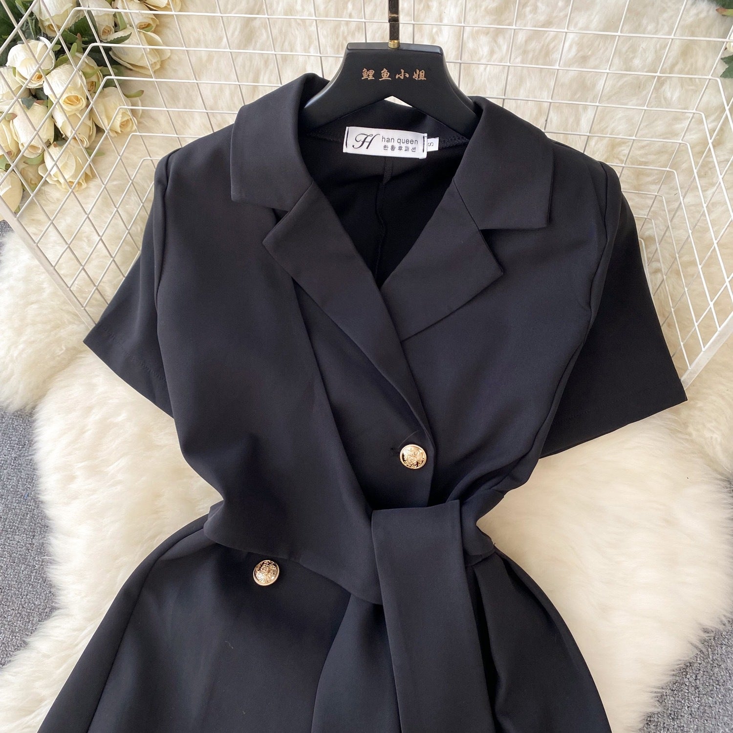 Turndown Collar Short-Sleeved Belt Chic Casual Dress 3