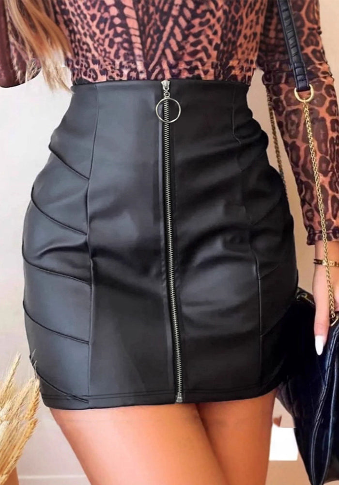 Summer Women Sexy High Waist Zipper Black Bodycon PU Leather Skirt