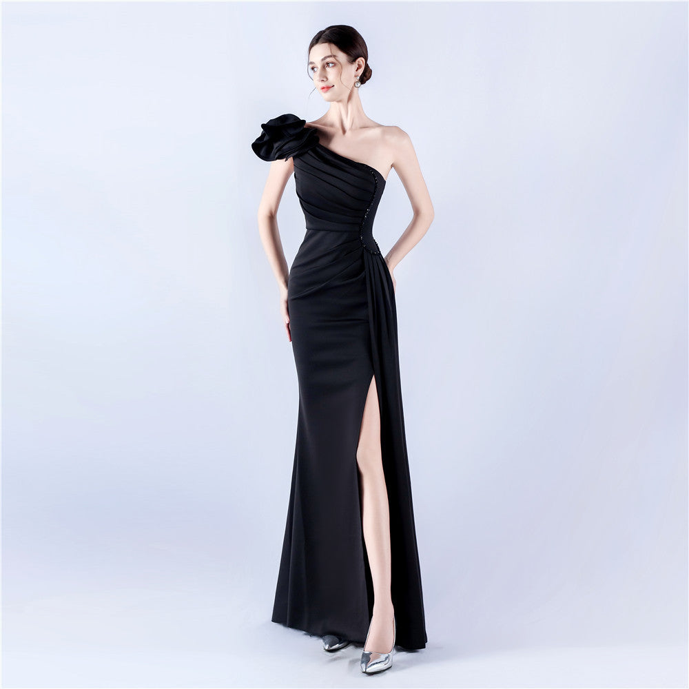 Elegant Flower Slash Shoulder Slit Evening Dress 4
