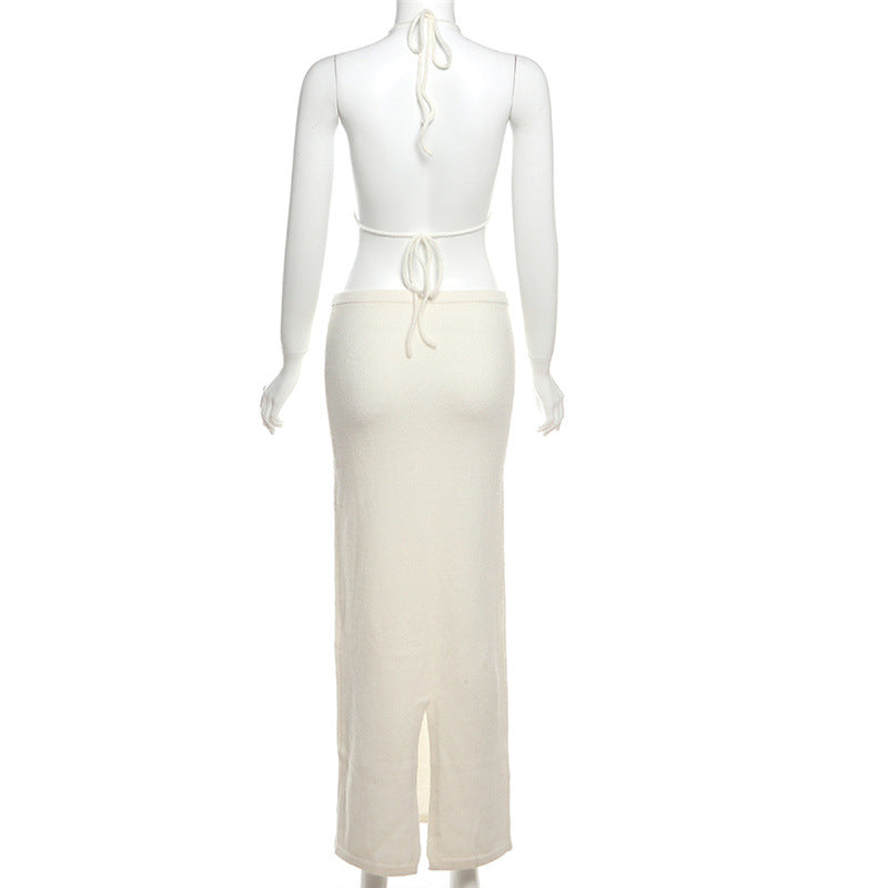 Women summer Chic sexy knitting sleeveless Halter Neck Crop Top and Bodycon Skirt two-piece set 8