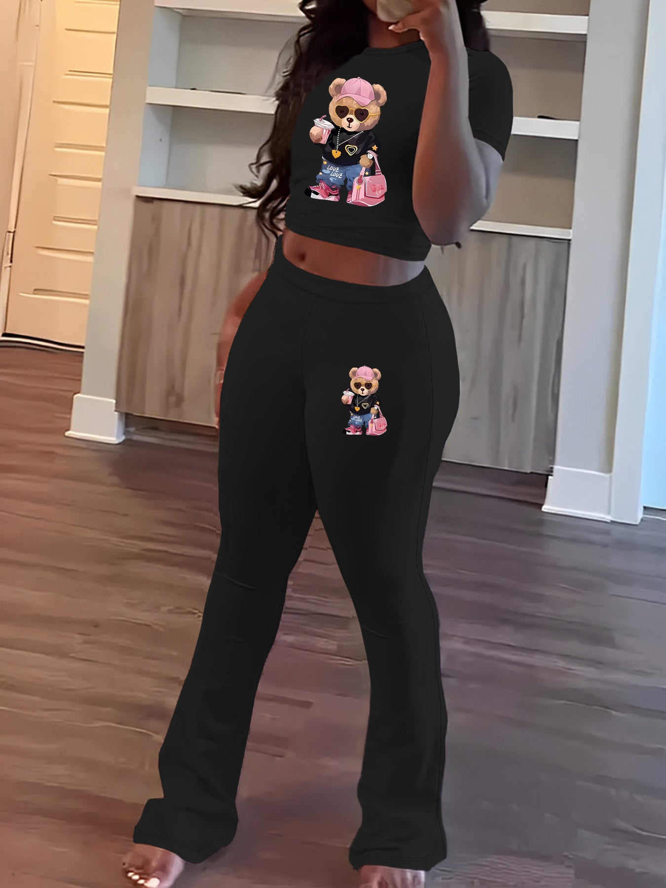 Spring Printed Short Sleeve Round Neck Top and Long Pants Two-Piece Set for Women 7