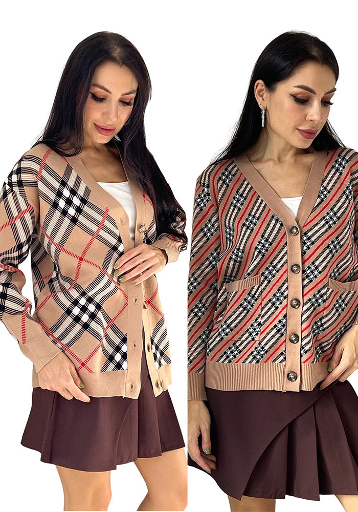 Women Autumn/Winter Plaid Knitting Coat and Sweater