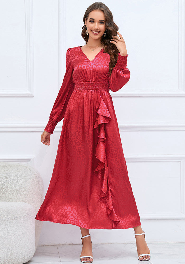 Plus Size Women V Neck Long Sleeve Leopard Print Dress