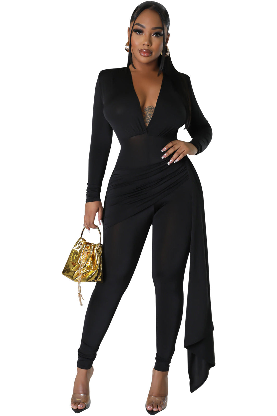 Women's Solid Color Sexy Deep V Neck Tight Fitting Long Sleeve Jumpsuit 10