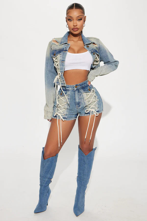 Women Top Jacket and Drawstring Shorts Two-Piece Set 6
