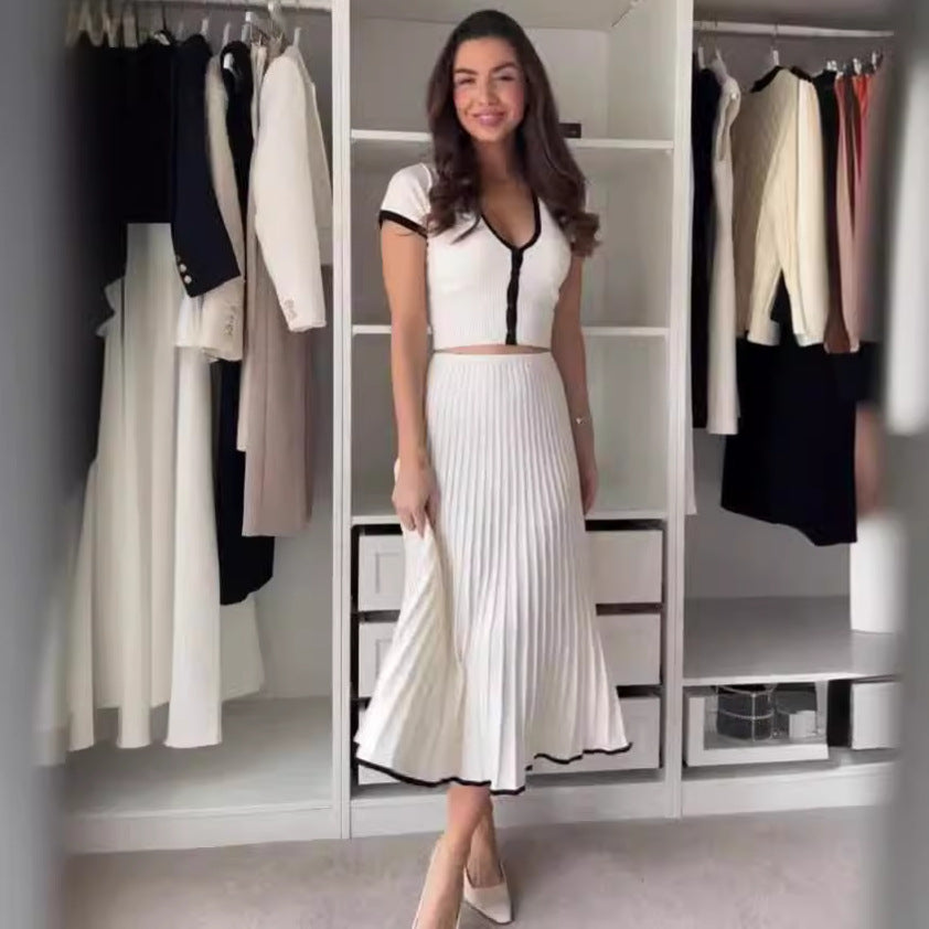 Women Summer Contrast Color Top And Skirt Two-piece Set 4