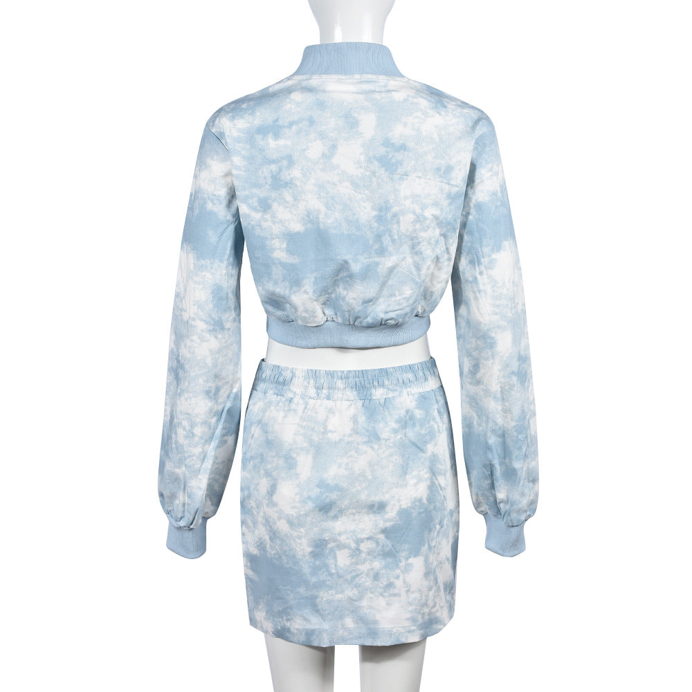 Women Tie Dye Long Sleeve Zip Top and Mini Skirt Two-Piece Set 17