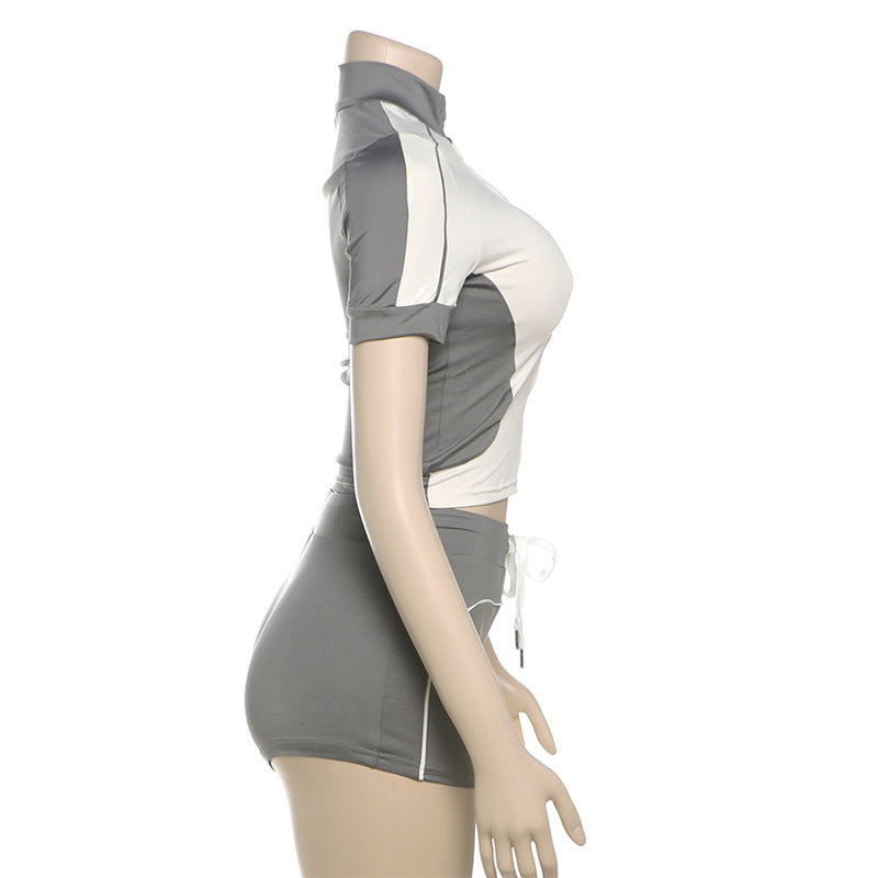 Fashionable Stand Collar Slim Fit Fitness Top & Shorts for Casual Sports Set 22