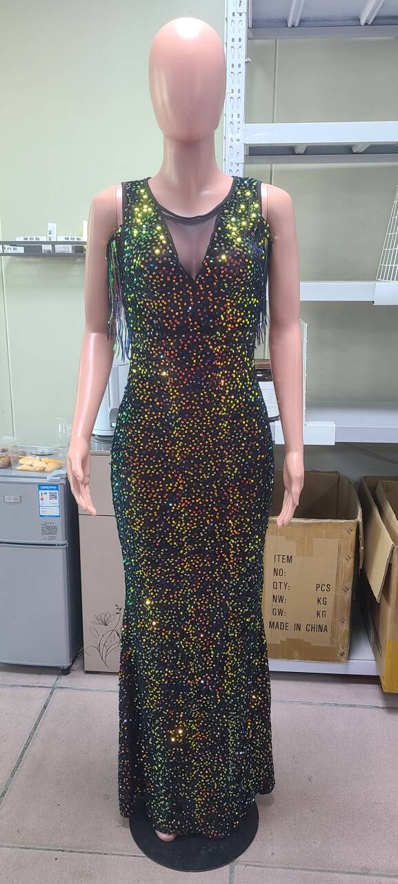 Sequin Tassel Chic Evening Dress Sexy See-Through Formal Party Long Gown 4