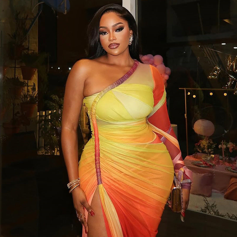 Women's pleated color matching slit slim irregular Slash Shoulder one-shoulder long sleeve fashion dress 5