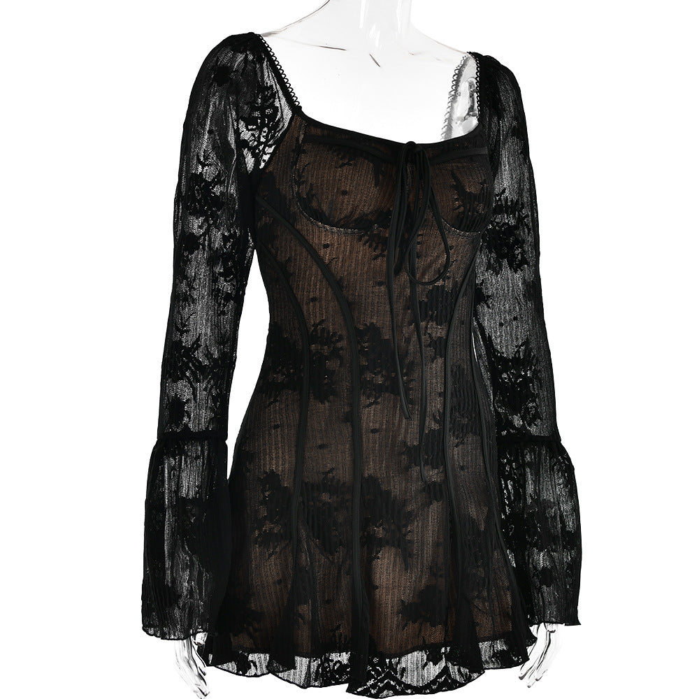 Spring Sexy Lace Bell Sleeve Long-Sleeve Low Back Bodycon Short Dress 17