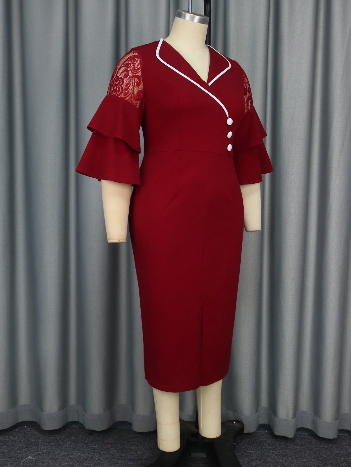 Fashion Turndown Collar Contrast Bell Bottom Sleeve Plus-Size Formal Party Dress 7