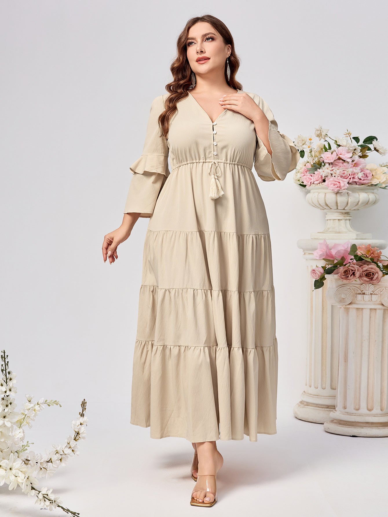 Plus Size Women V-neck Solid Dress