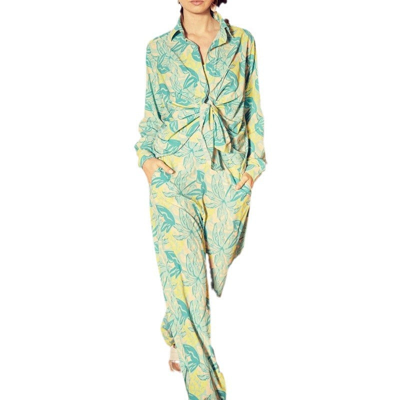 Women's Fashionable Loose Printed Long Sleeve Shirt Slit Wide Leg Pants Two Pieces Suit 6