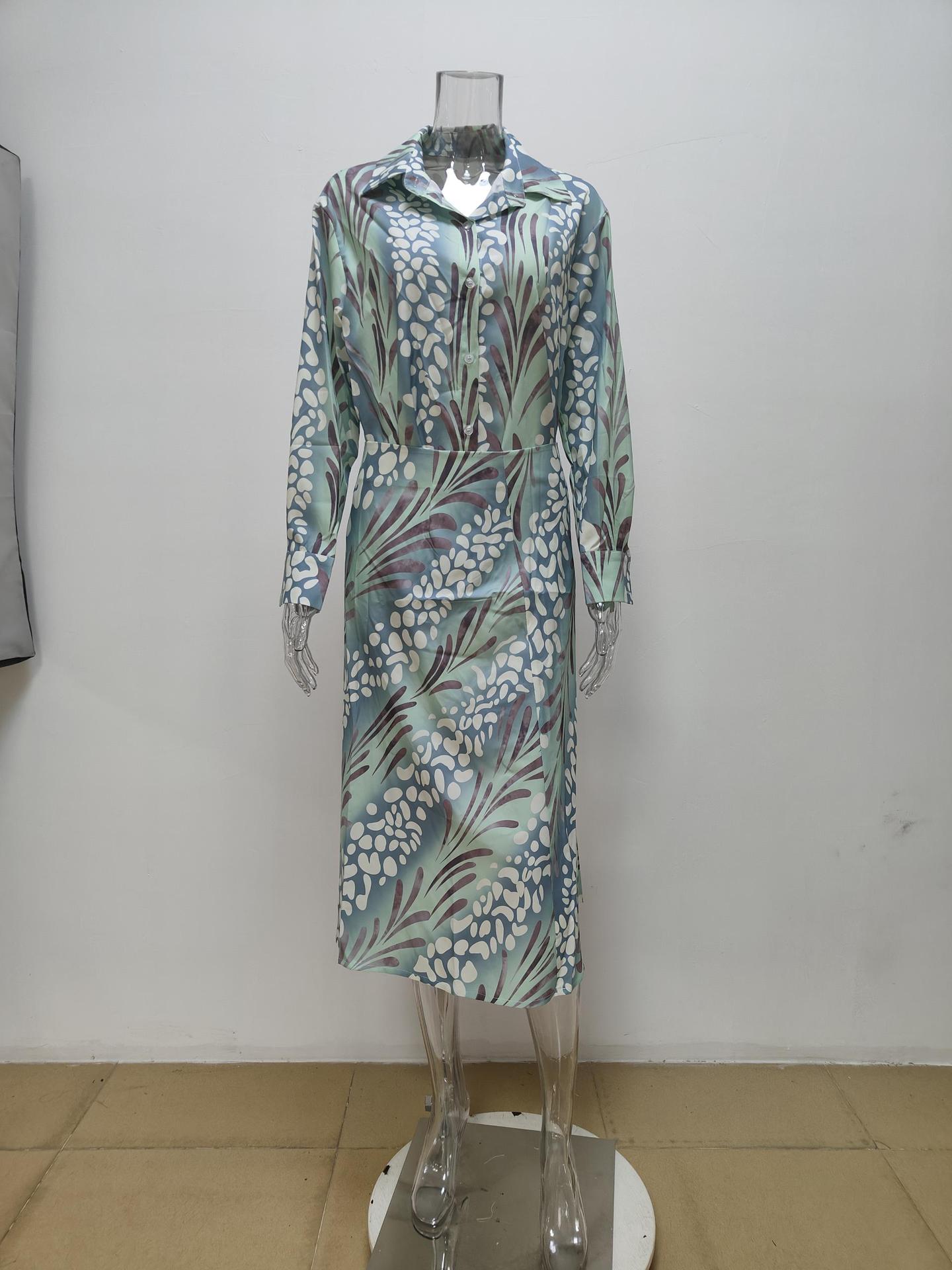 Autumn women's elegant print Turndown Collar long-sleeved shirt high waist skirt fashion two piece set 10