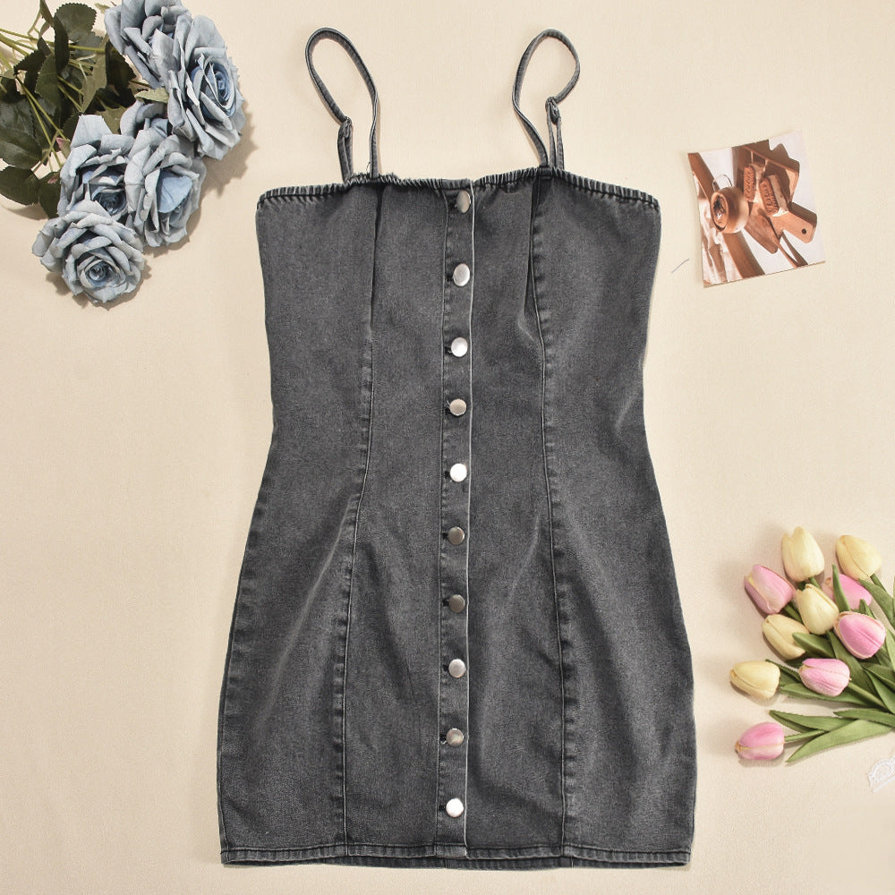 Elastic Denim Strap Single-Breasted Short Bodycon Dress 9
