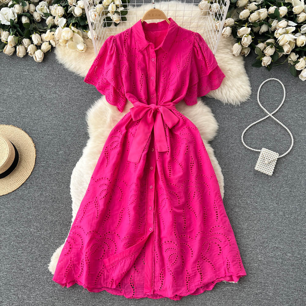 Women Turndown Collar Puff Sleeve Lace Hollow French Maxi Shirt Dress 10