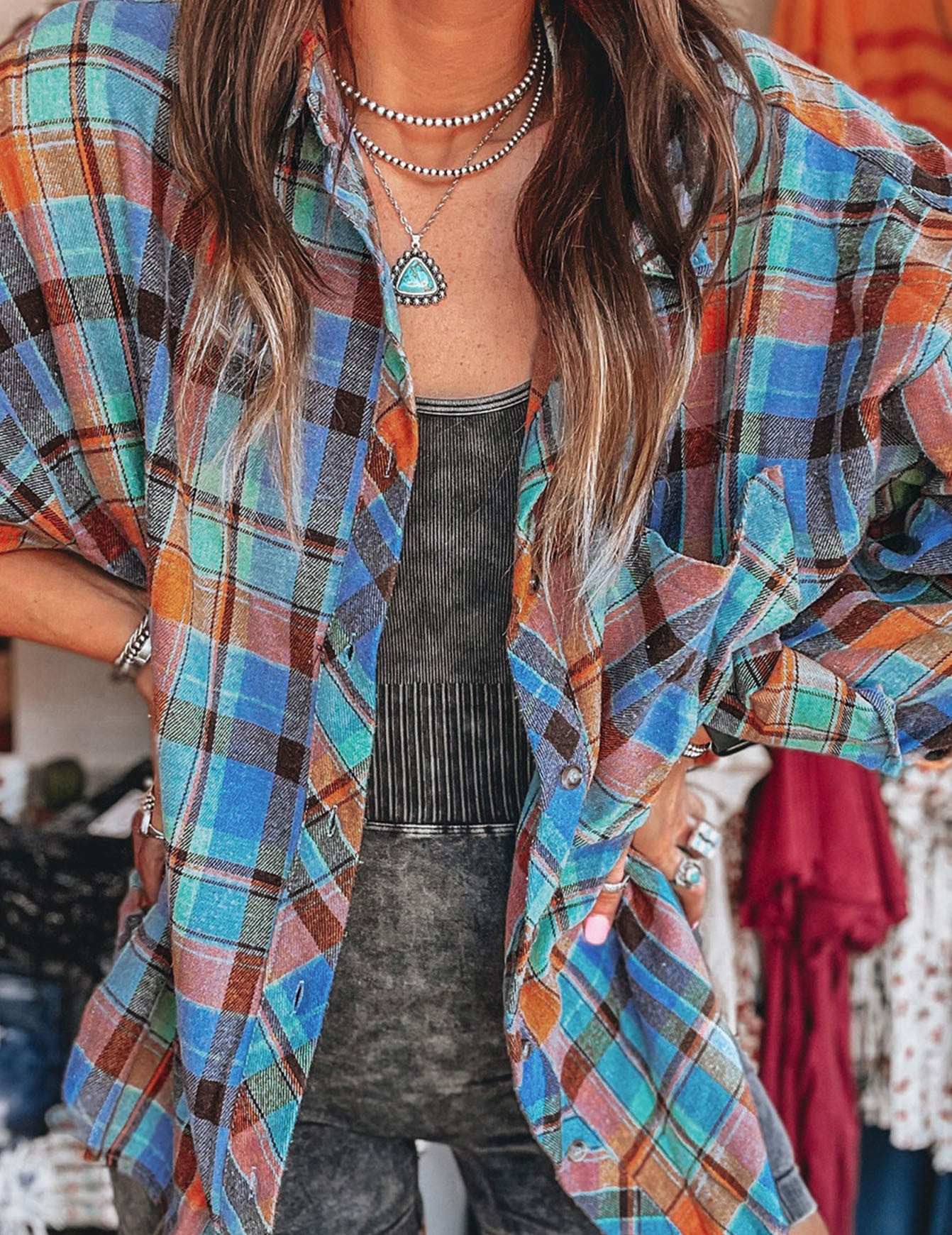Simple Casual Top Plaid Print Loose And Single-Breasted Multi-Button Long-Sleeved Shirt