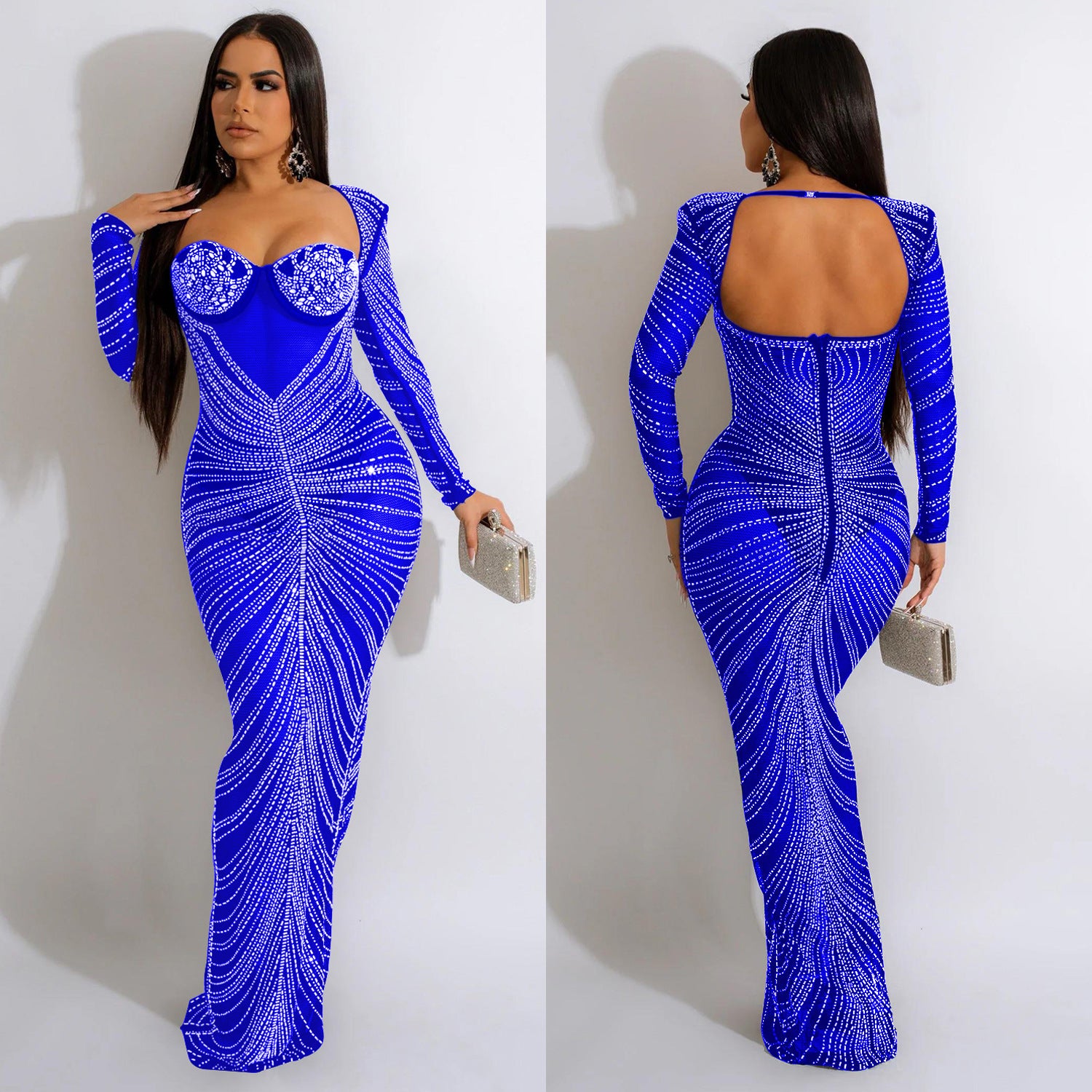 Fashion Women'S Rhinestone Beaded Mesh See-Through Long-Sleeve Backless Evening Party Long Dress 15