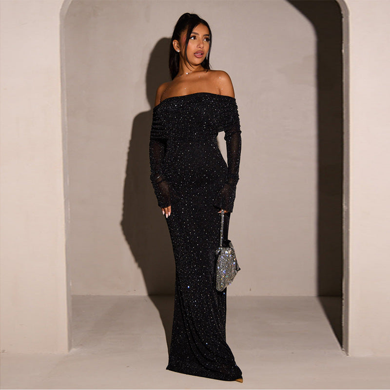 Autumn And Winter Sexy Chic Slim Sequin Off Shoulder Long Dress