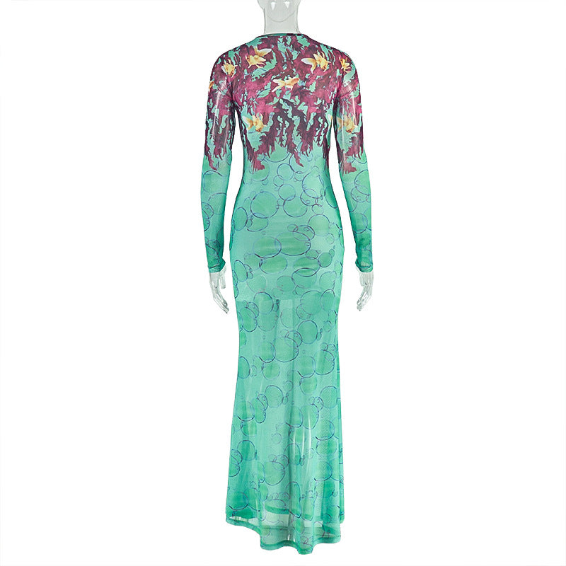 Trendy Summer Women's Print Slim Fit High Neck Long Sleeve Dress 6