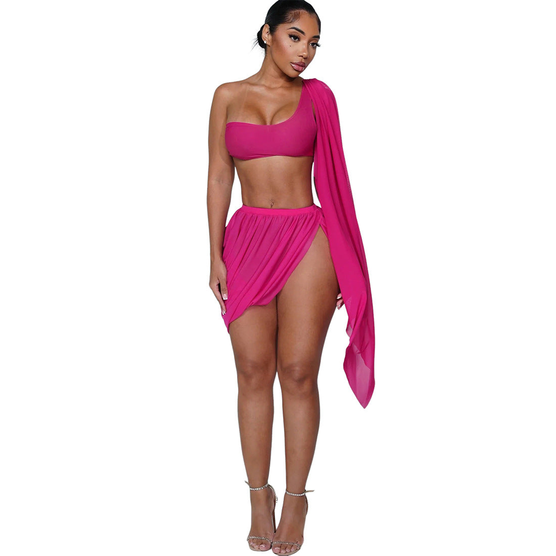 Women Fall Mesh Sexy One-Sided Long-Sleeve Crop Top with Pleated Slit Skirt Two-Piece Set 7