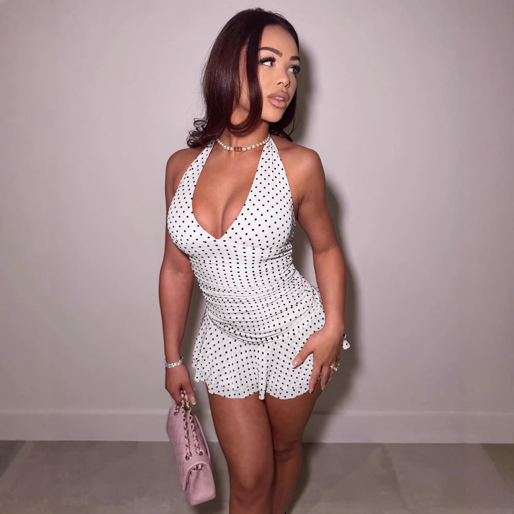 Women's Sexy V-neck Halter Neck Pleated Polka Dot Printed Sleeveless Slim Waist A-line Short Dress 5