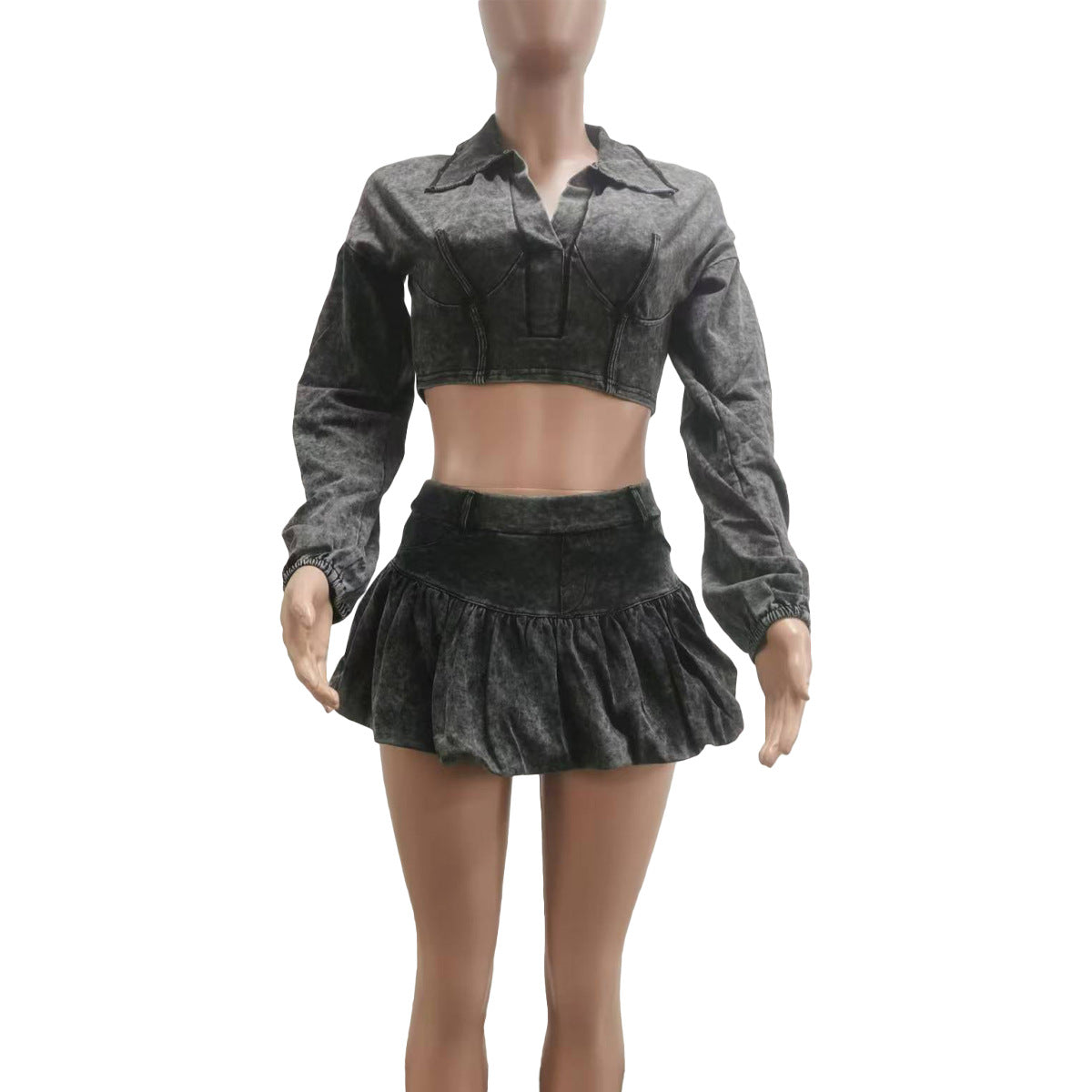 Fashionable women's clothing solid color distressed long sleeve top short skirt two piece set  (with underwear) 10