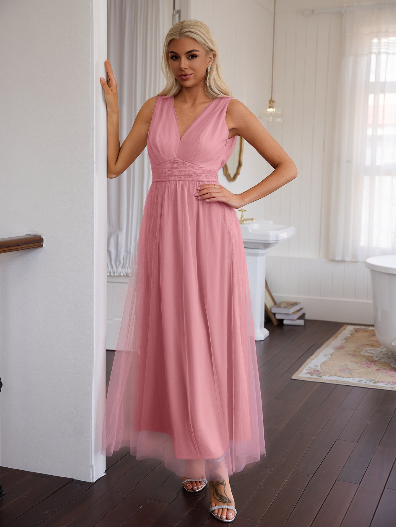 Women solid v-neck mesh dress 4