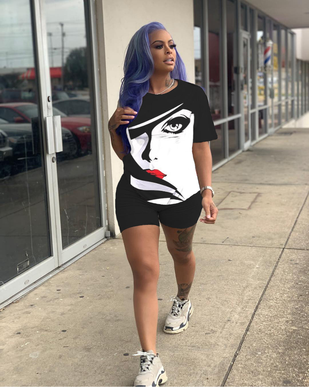 Women Casual Solid printed short-sleeved top and shorts two-piece set 6