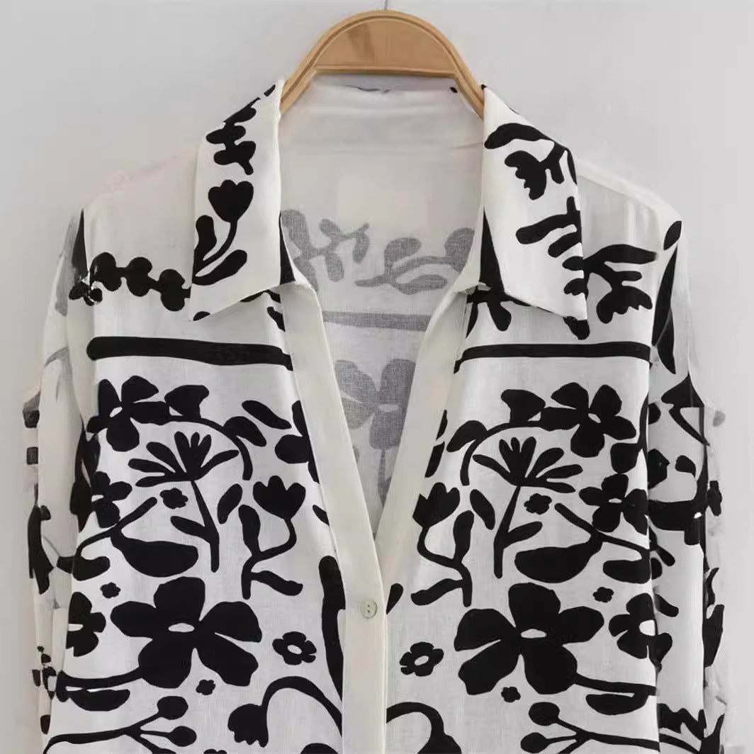 Women Turndown Collar long-sleeved single-breasted printed shirt wide-leg pants Two Piece Set